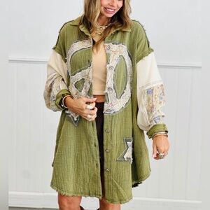 POL Olive Green Boho Patchwork Button-Up Shirt Jacket